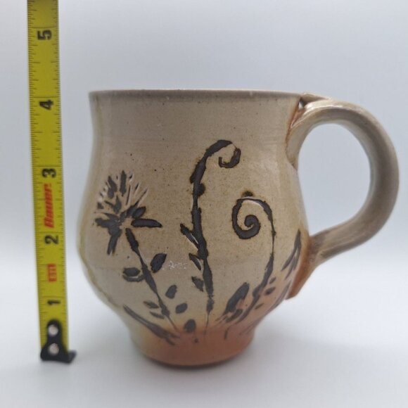 Clay Pottery Tea Coffee Mug Cup Art 4 Inch Brown Earth Handmade Folk Floral - Picture 8 of 8